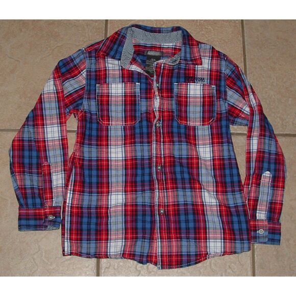 KENNETH COLE REACTION Boys Sz 8/10 Plaid Long Sleeve Button Up Cotton LOGO Shirt - Picture 1 of 2